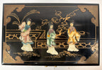 Antique Chinese Black Lacquer Jewelry Chest, Hand-Painted Figures, Engraved Brass Hardware, c.1900