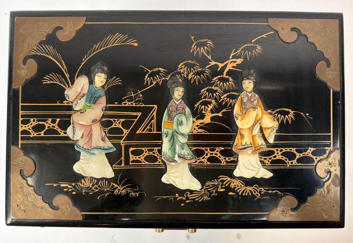 Antique Chinese Black Lacquer Jewelry Chest, Hand-Painted Figures, Engraved Brass Hardware, c.1900