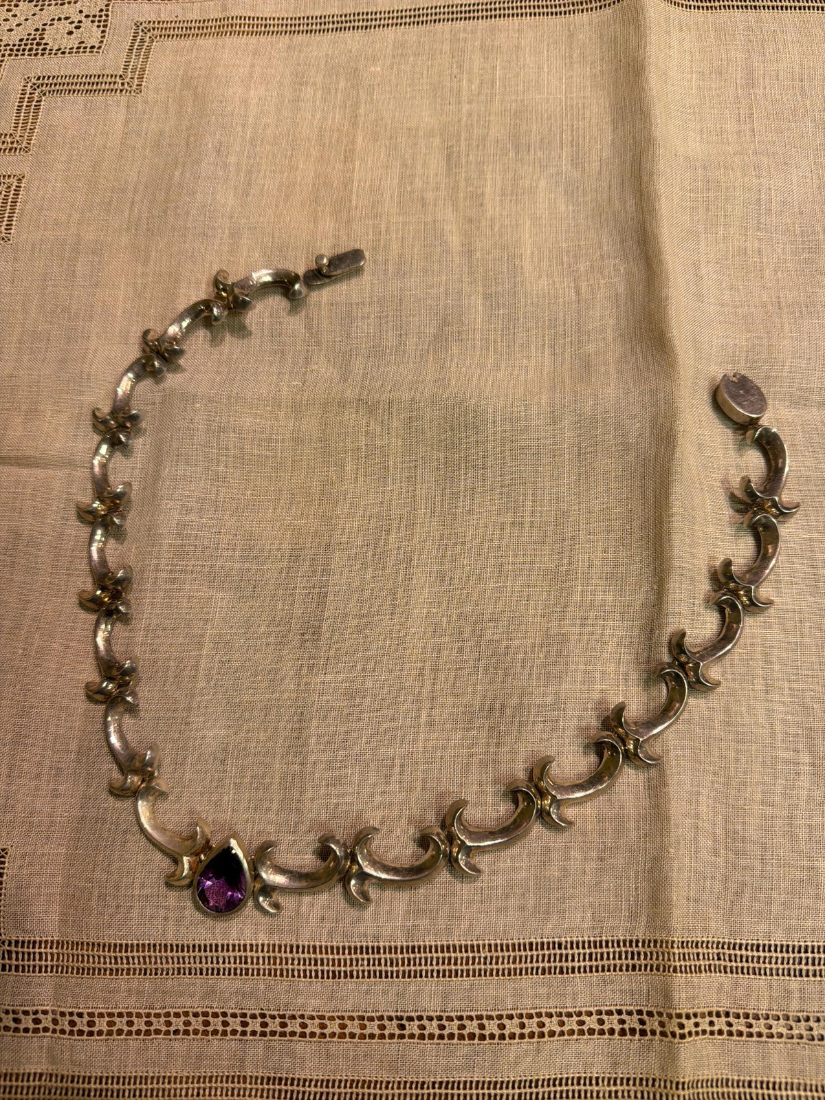 Vintage Taxco Sterling Silver Amethyst Necklace, Modernist Mexican Silver Statement Necklace, Sculptural 925 Link Necklace, Artisan Jewelry
