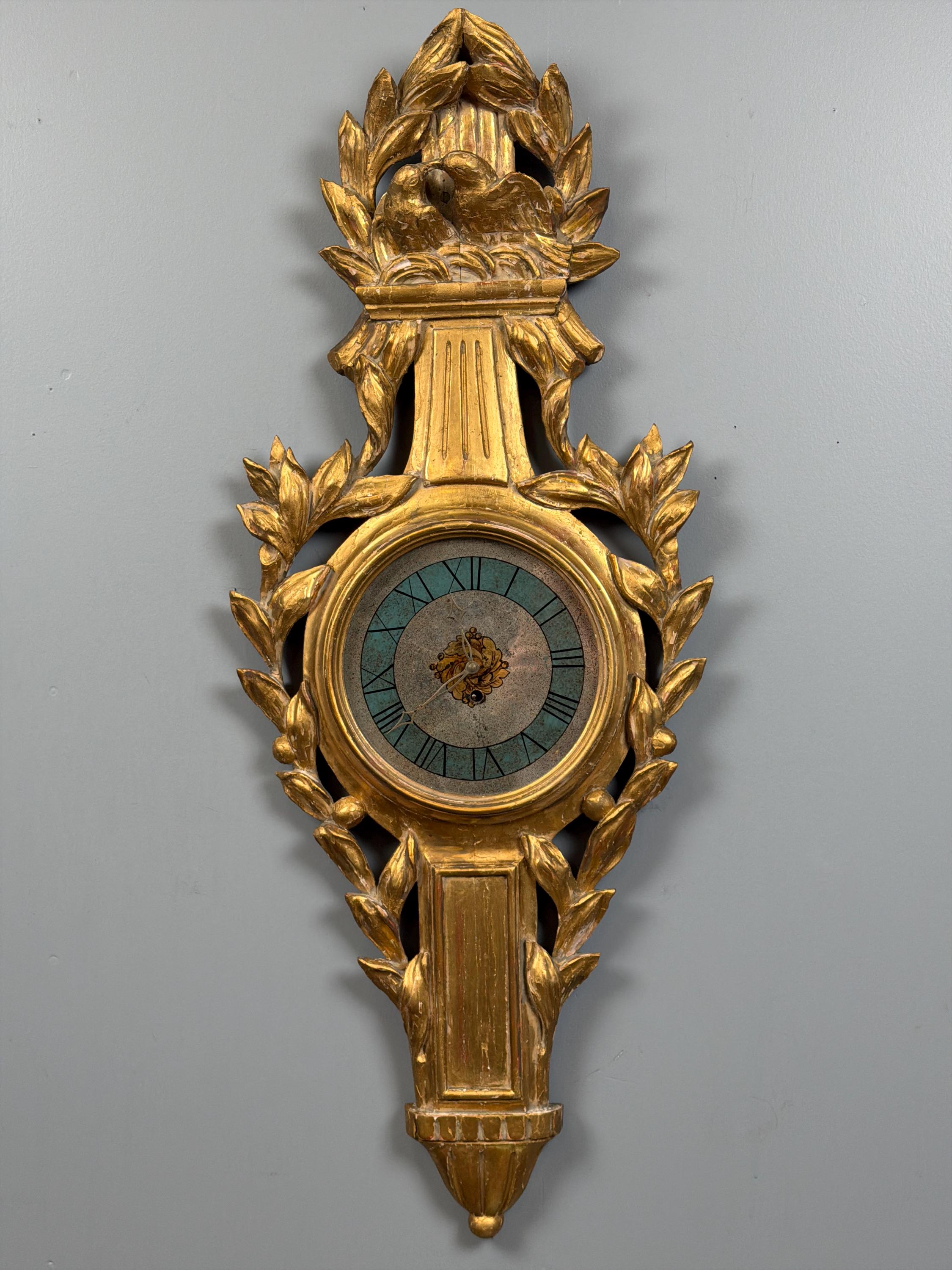 Antique French Giltwood Wall Clock, Carved Gold Leaf Lovebird Clock, Louis XVI Neoclassical Decor