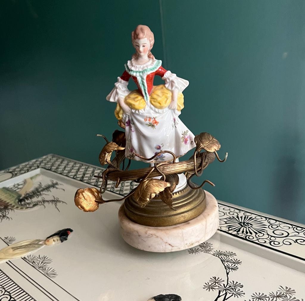 Vintage German Porcelain Lady Figurine Lamp Gilt Brass Floral Vines Rococo Style Marble Base Table Accent Lighting Collectible Decoration