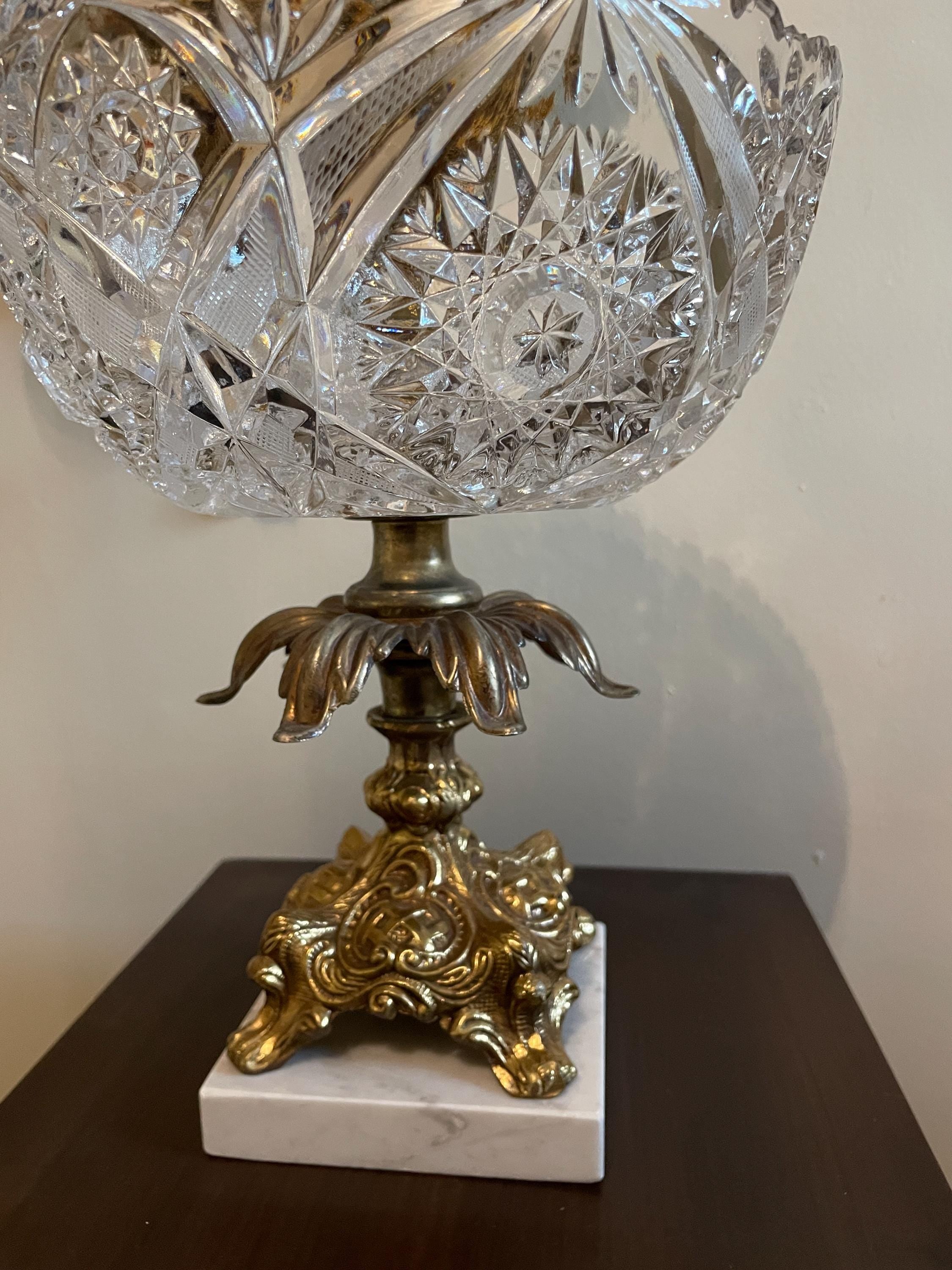 Vintage Crystal Cut Glass Bowl on Ornate Brass Marble Base Stunning Centerpiece Decorative Accent Classic Style Elegant Display Decoration