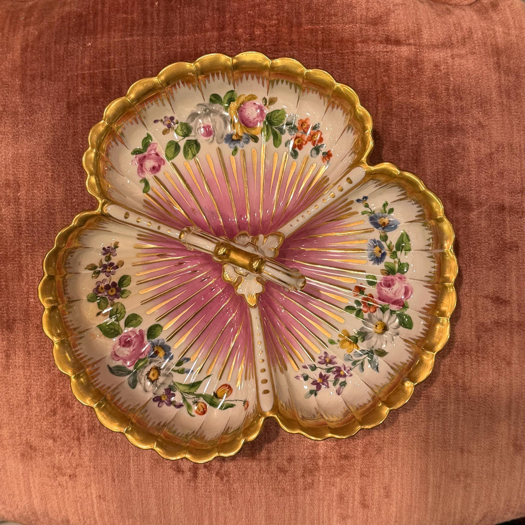 Antique German Hand-Painted Floral Gilt Porcelain Serving Dish, Rococo Candy Bowl