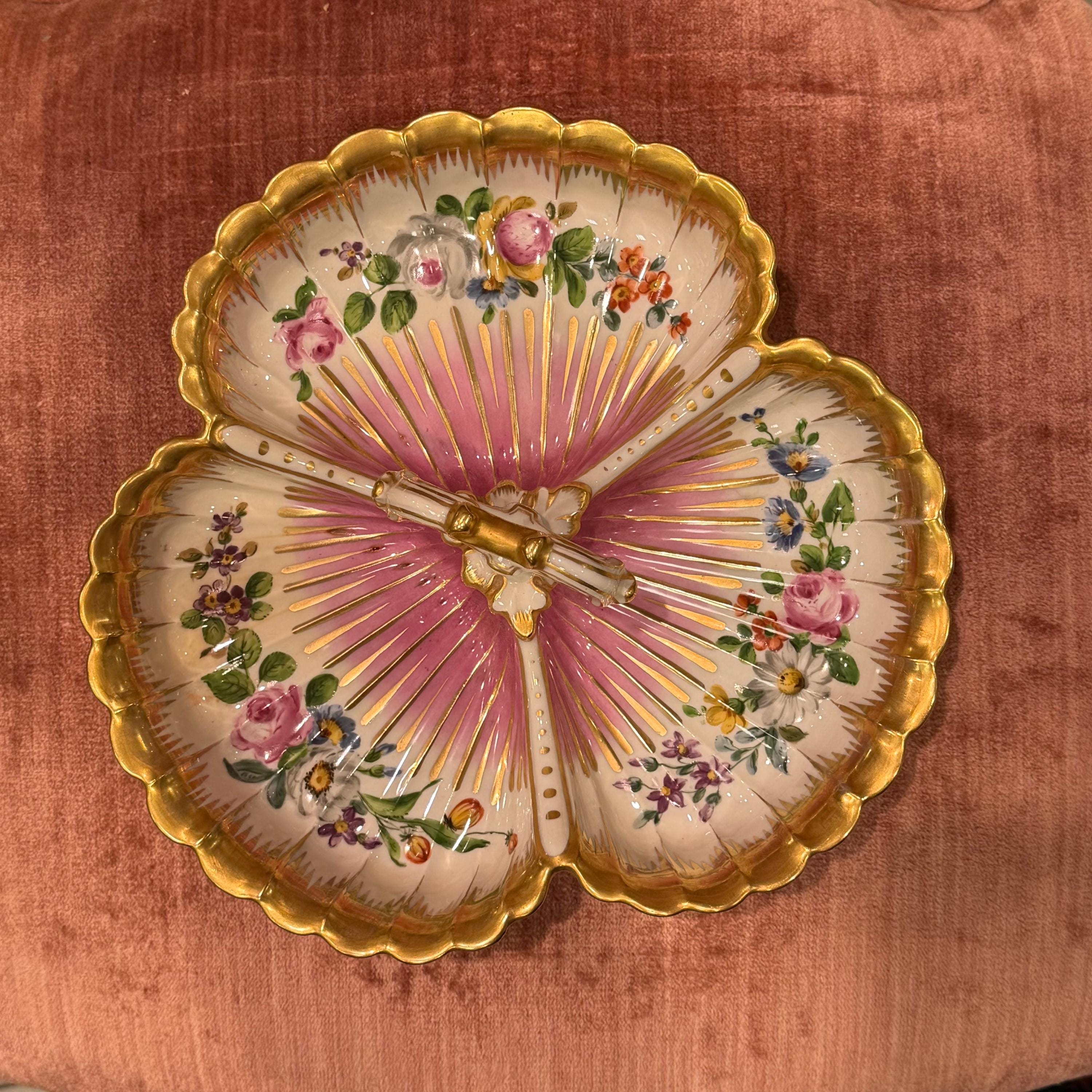 Antique German Hand-Painted Floral Gilt Porcelain Serving Dish, Rococo Candy Bowl