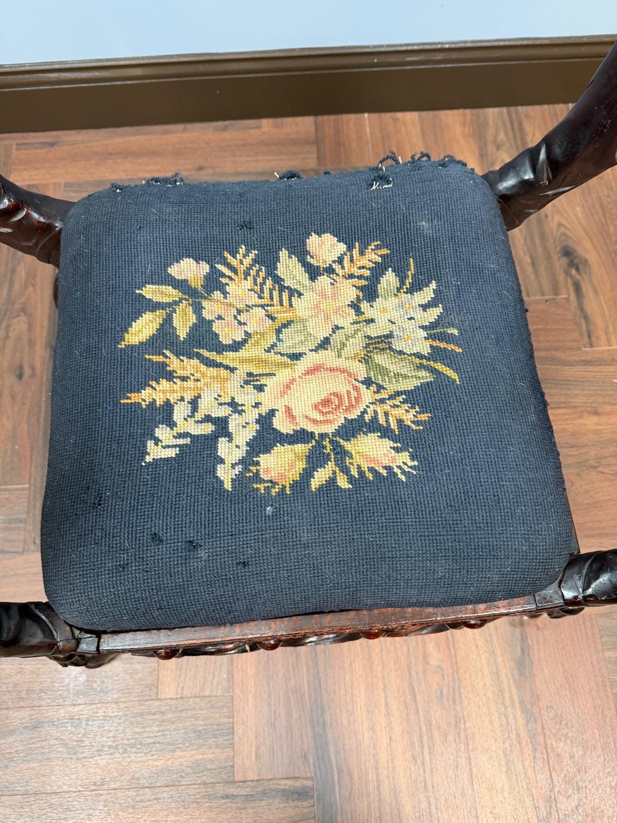 Antique Figural Carved Wood Bench Neo Classical Cherub Style Upholstered Seat Victorian Era Decorative Bench Tapestry