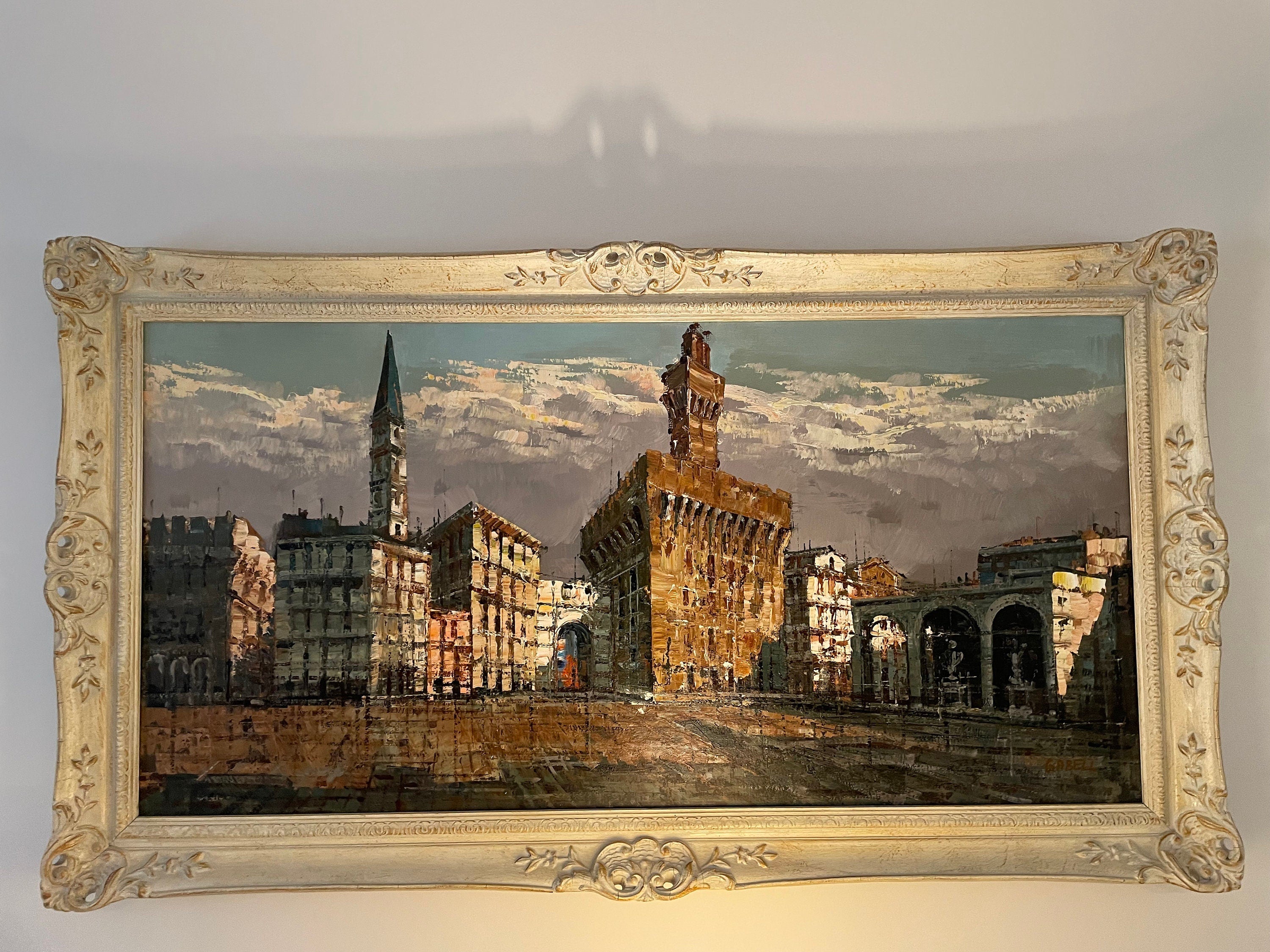 Original Oil Painting Cityscape by Gabell Framed Textured Artwork Antique Style Italian Architecture Large Wall Art Vintage Decoration Piece