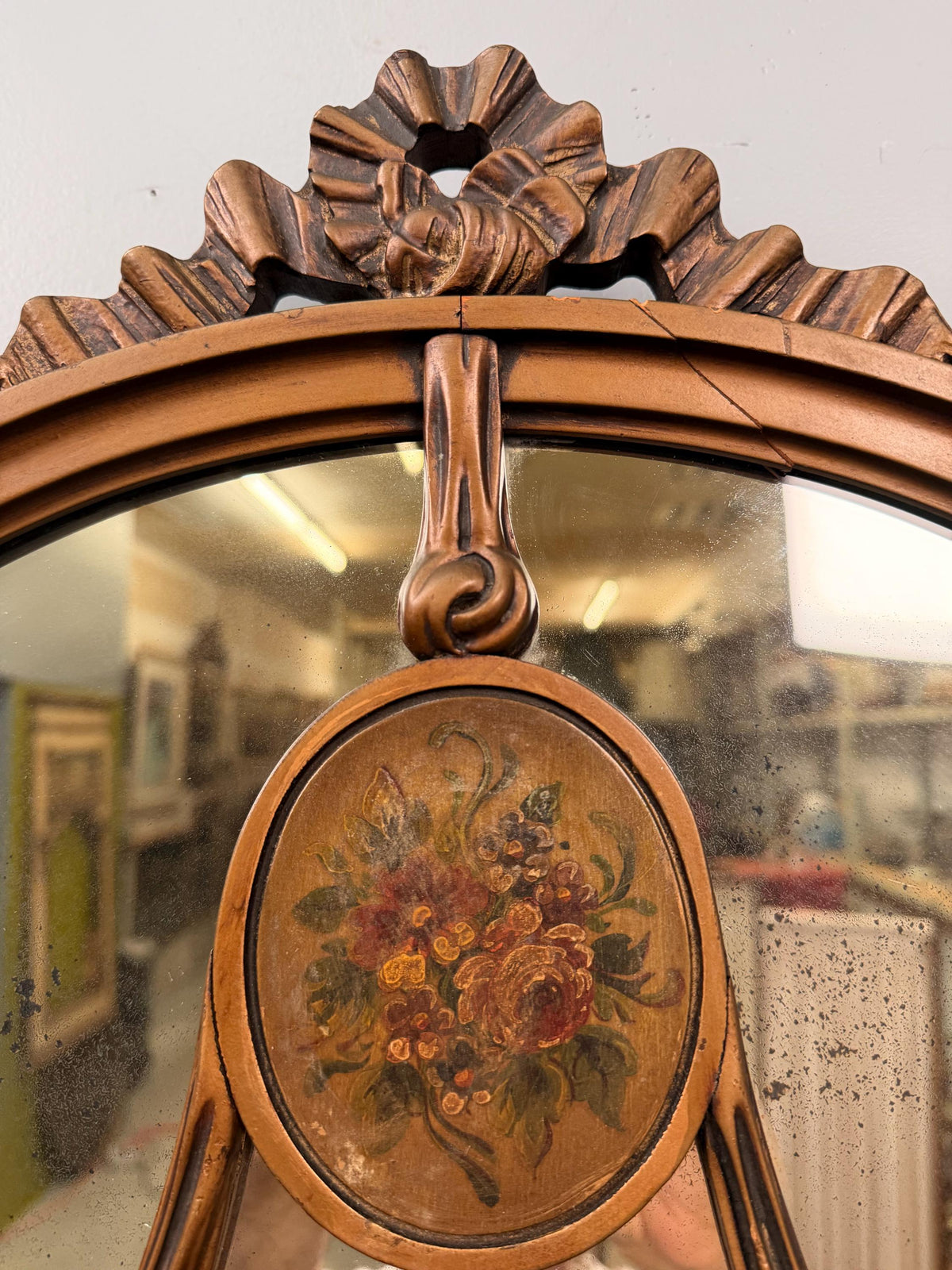 Vintage Louis XVI Neoclassical Wood Mirror, Bow & Swag Floral Medallion Wall Mirror