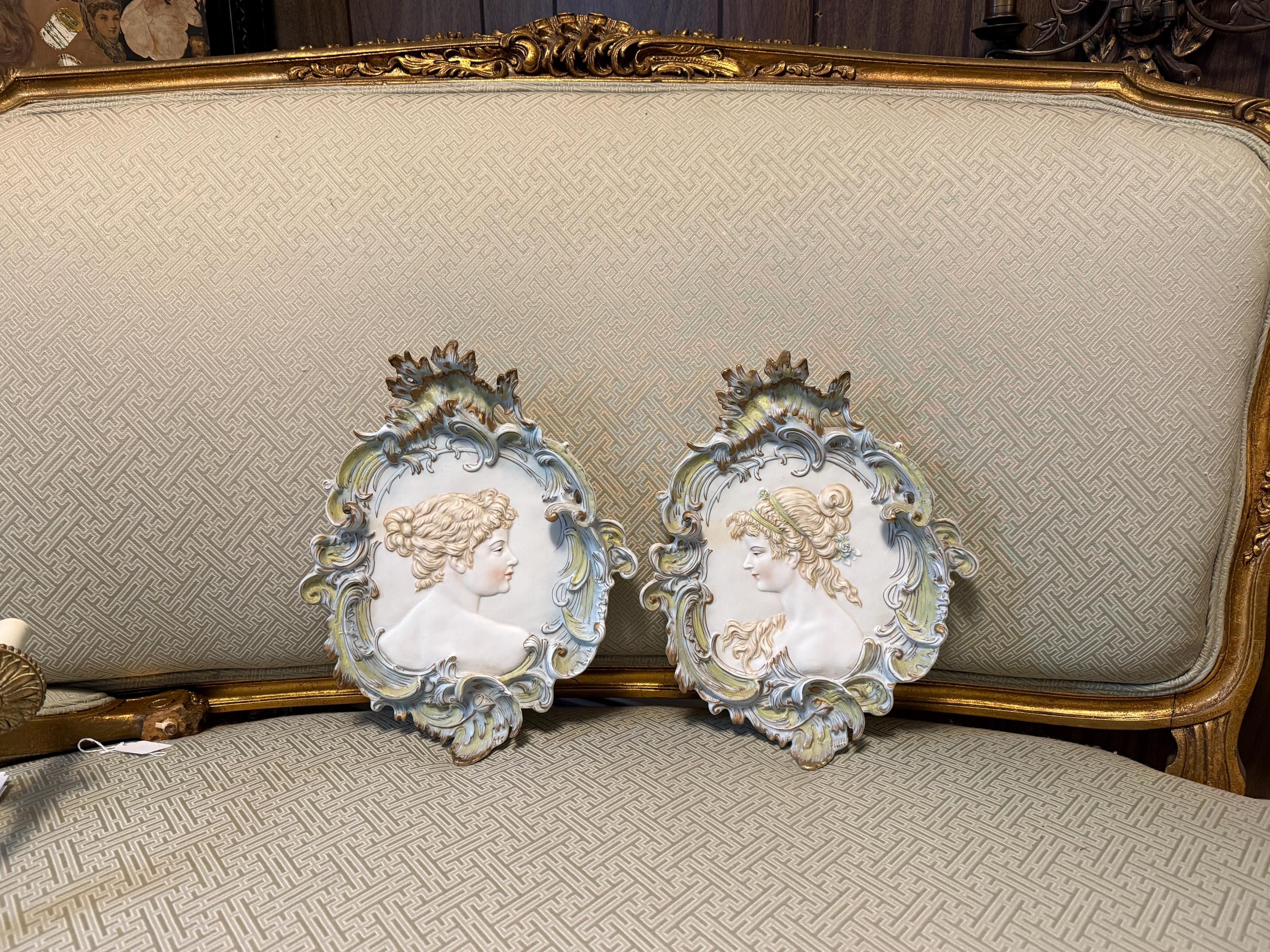 Vintage French Pair of Porcelain Lady Portrait Wall Art Home Decoration Porcelain Wall Plaques Victorian Cameo Relief Art Ornate Rococo Art
