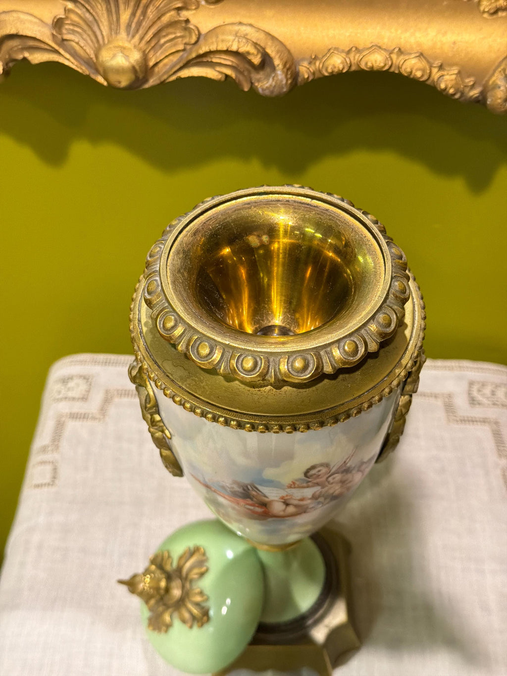 Antique French Porcelain Ormolu Lidded Urn Vase, Cherub Putti Painted Decorative Vase