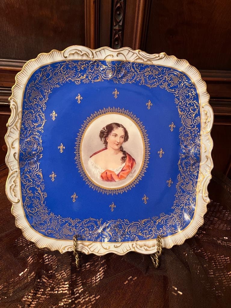 Antique Limoges D&C France Hand Painted Portrait Plate Cobalt Blue Gold Gilded Victorian Lady Elegant Wall Display Art Collectible Decor