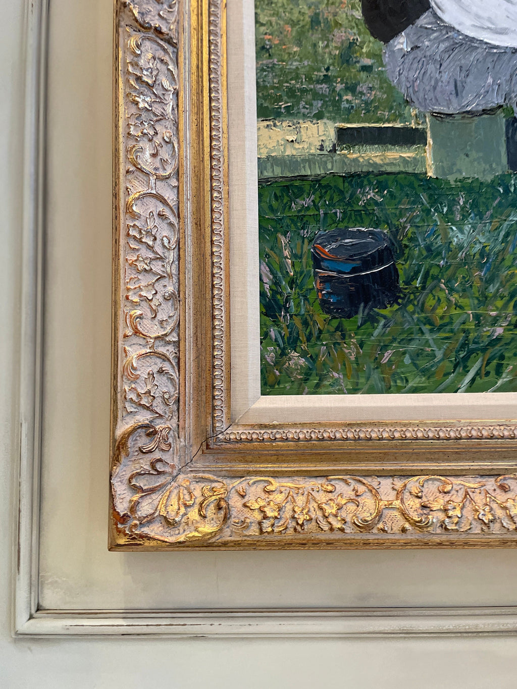 Framed Impressionist Oil Painting Pastoral Scene River Men Shearing Sheep Gilt Wood Frame Signed Wall Art Decoration Thick Brush Strokes