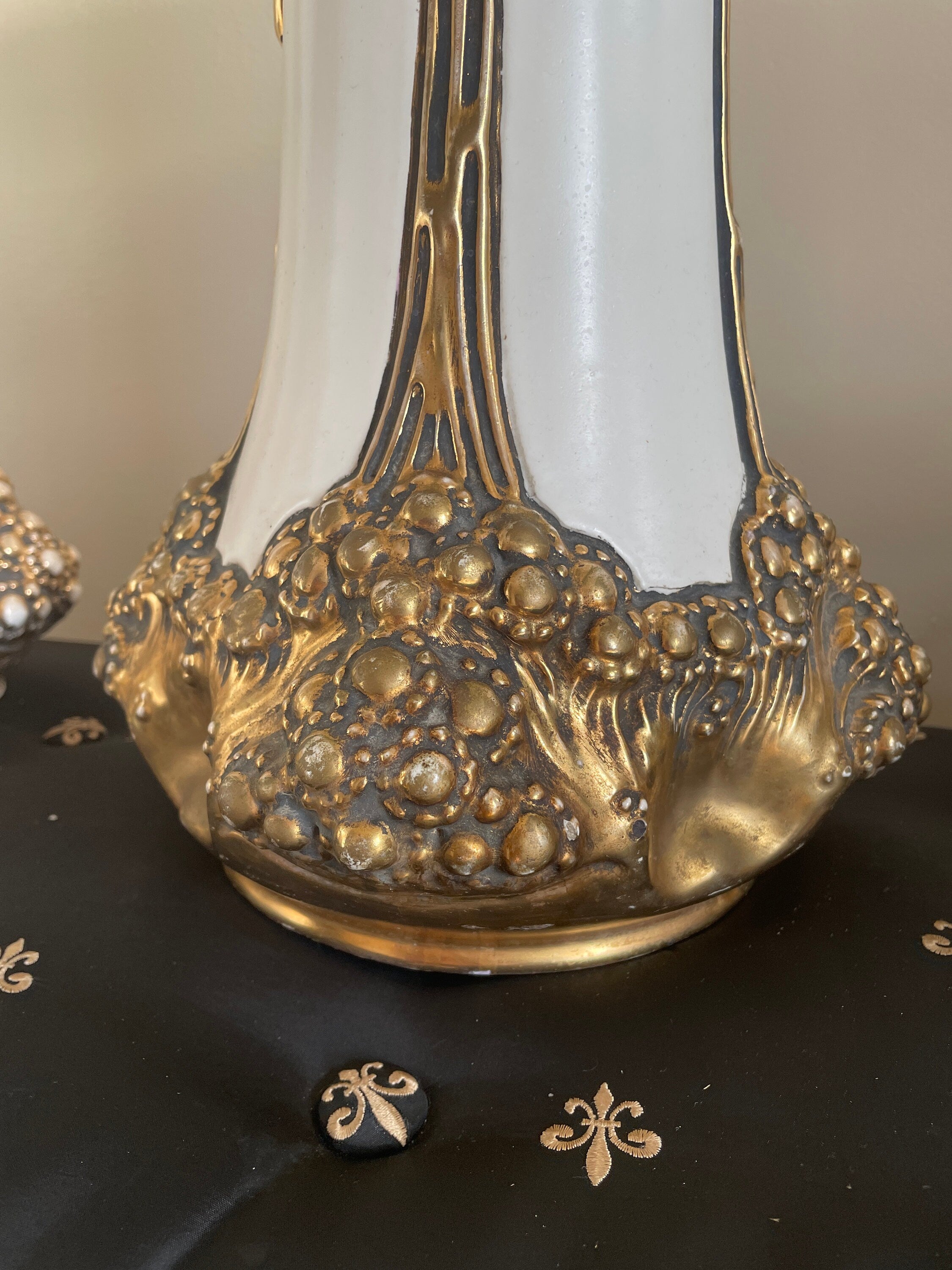 Pair of Antique Gold Gilded Porcelain Art Nouveau Austria Pottery Tall Vases by Julius Dressler Collectible Home Decor Rare Unique Pieces