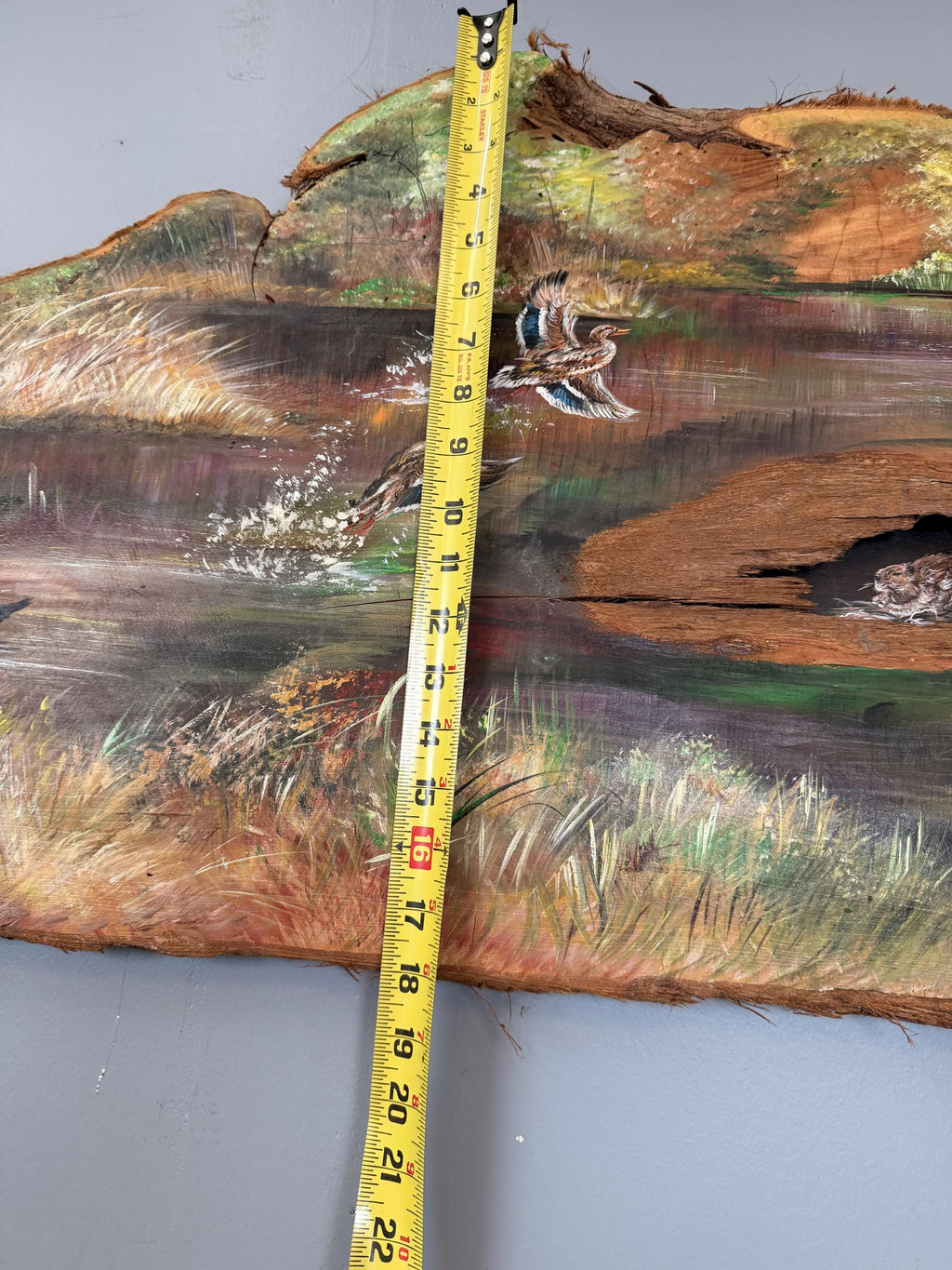 Vintage Wildlife Painting on Natural Wood Slab, Bears, Ducks, Heron, Rustic Folk Art