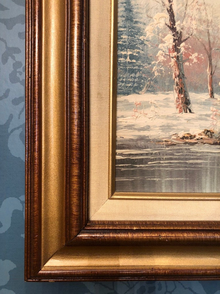 Vintage Oil Painting Winter Scene Snowy Art Landscape Wooden Framed Wall Art Gold / Brown Wood Frame Signed