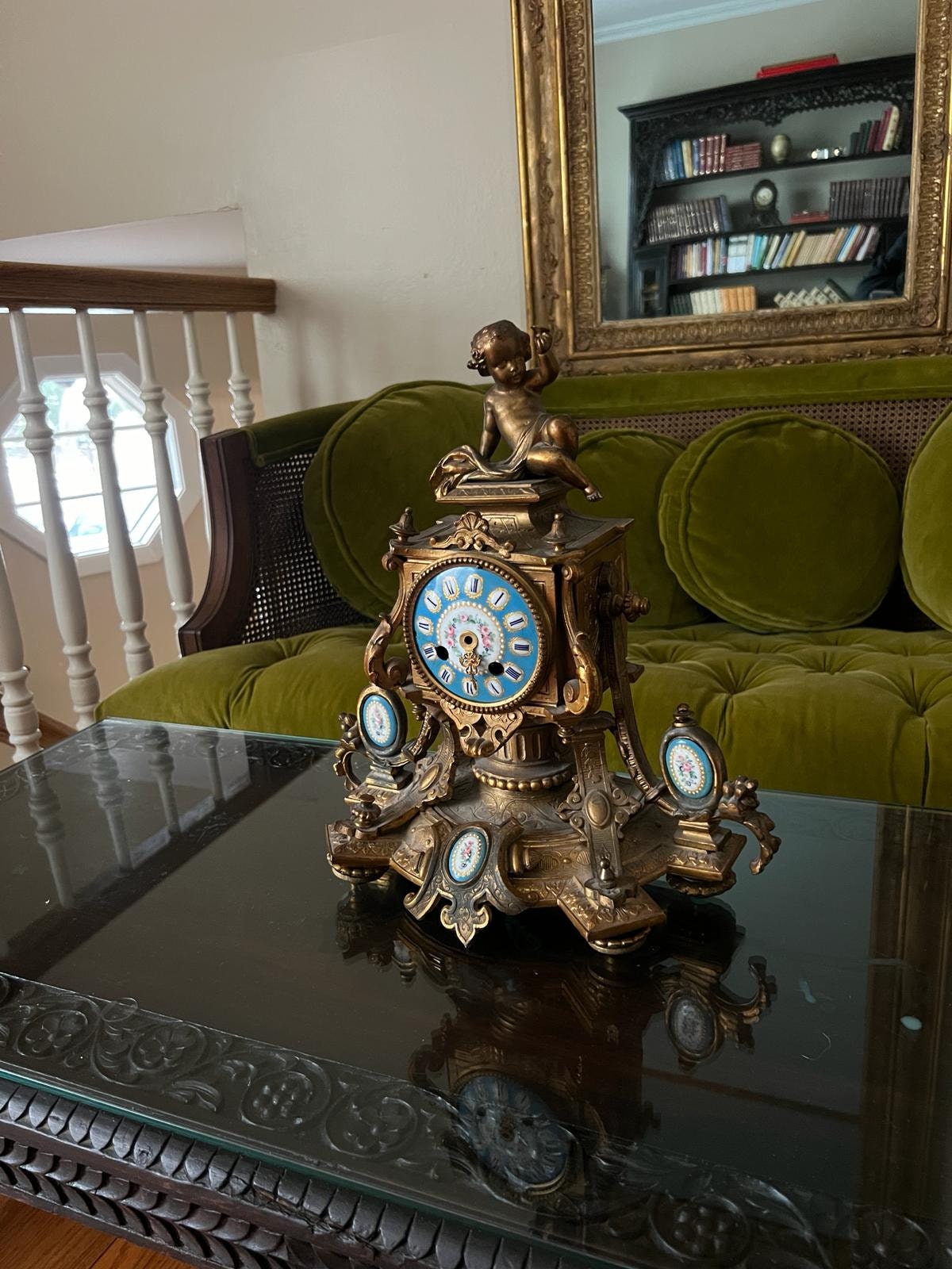 Antique French Bronze Cherub Mantel Clock Blue Porcelain Accents Rococo Gilt Rare Old Home Decor Unique Collectible Table Decoration