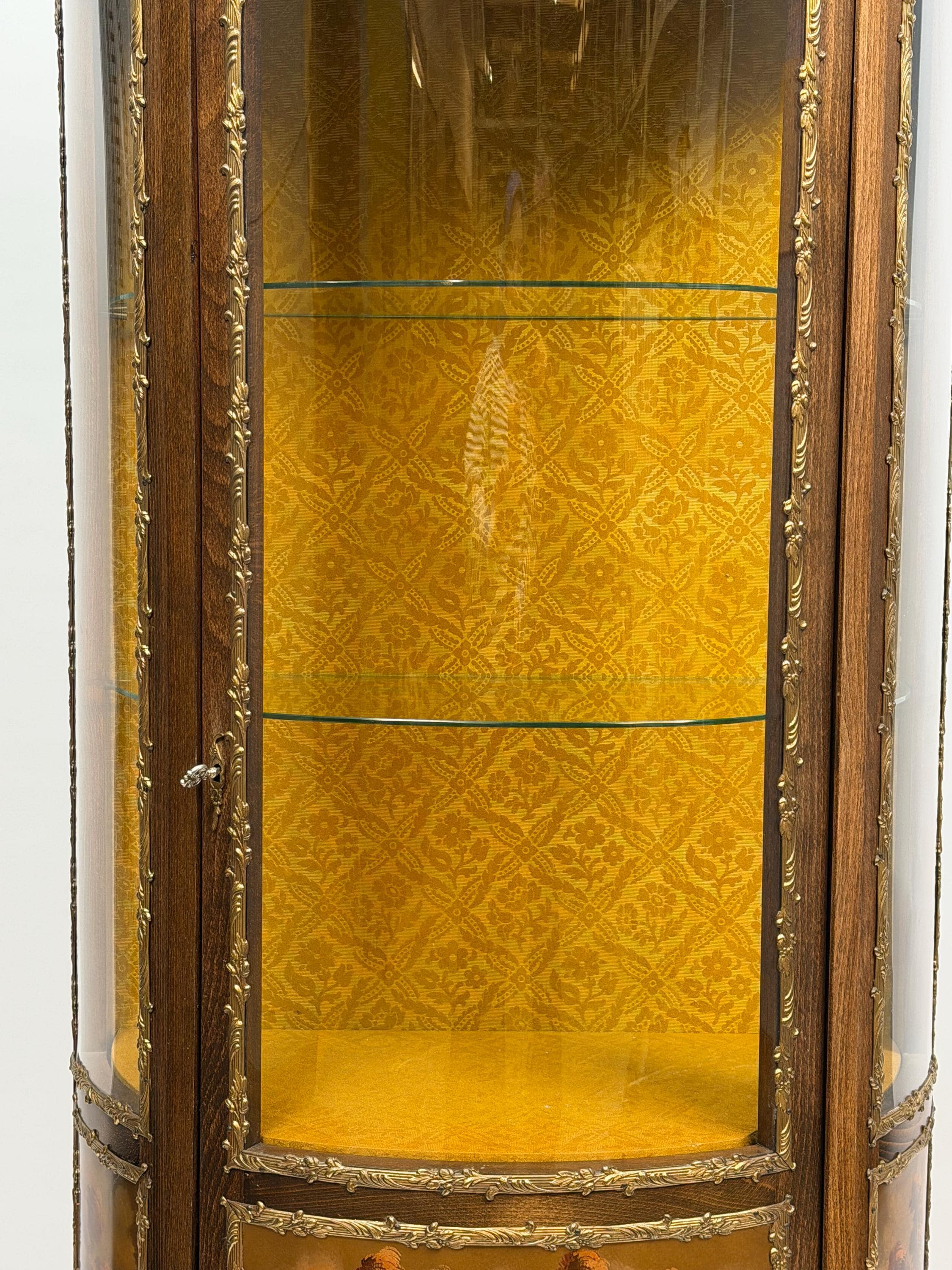 Antique French Louis XV Style Vitrine, Curved Glass Display Cabinet with Hand Painted Panel