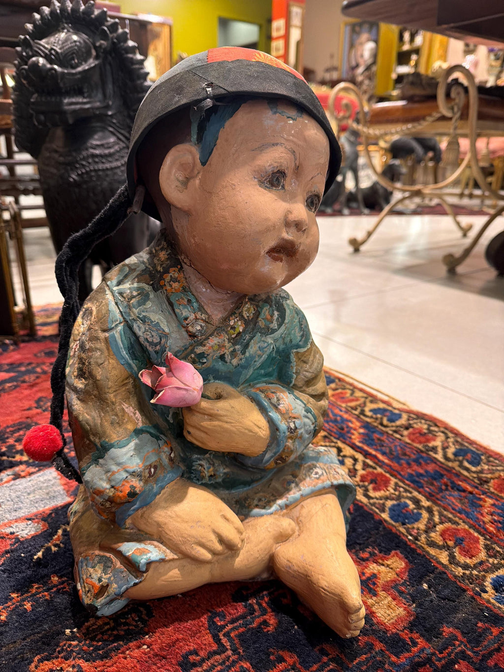Antique Chinese Child Statue Holding Flower Asian Composition Figure Oriental Decorative Sculpture 16”