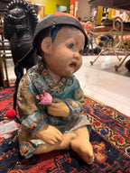 Antique Chinese Child Statue Holding Flower Asian Composition Figure Oriental Decorative Sculpture 16”
