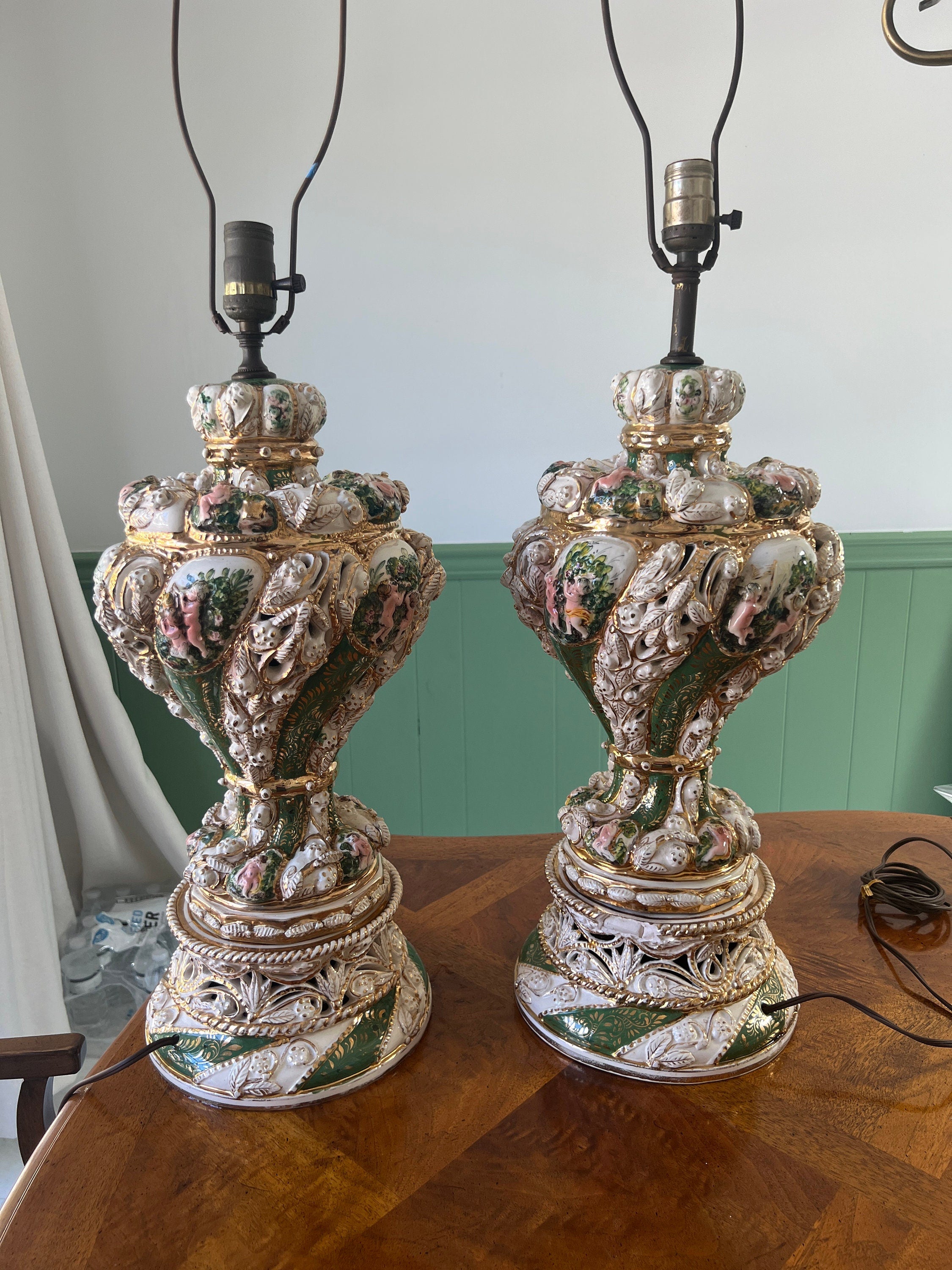 Pair Of Italian Baroque Style Cherub Porcelain Lamps Hand Painted Gilded Rococo Design Signed Brunocrafts Table Lighting Accent Decoration
