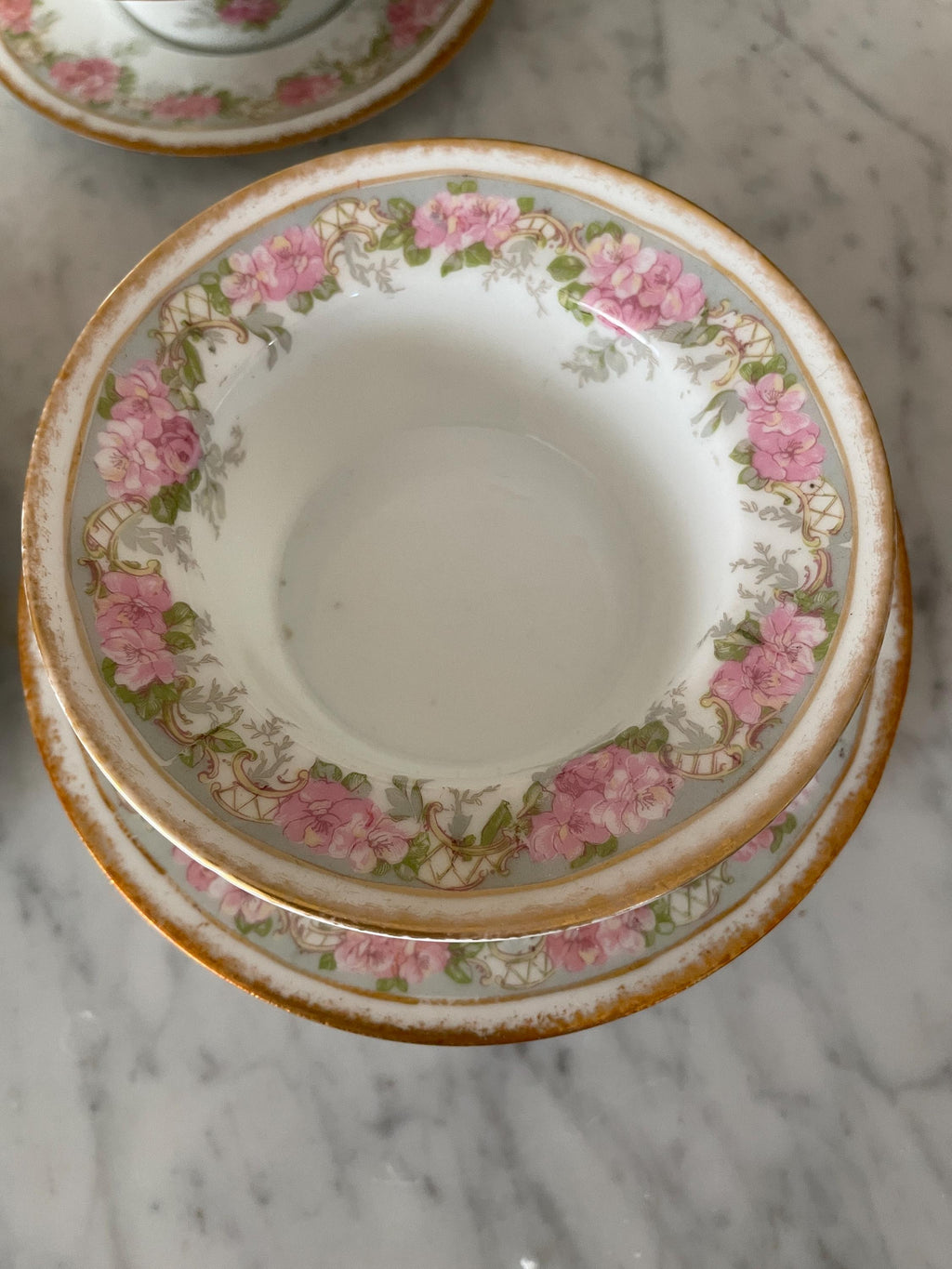 Jean Pouyat Limoges Pink Roses Gold Ramekin & Saucers Set of 6 Vintage Floral Porcelain Soup Bowls Set Gold Rimmed Elegant Dishware