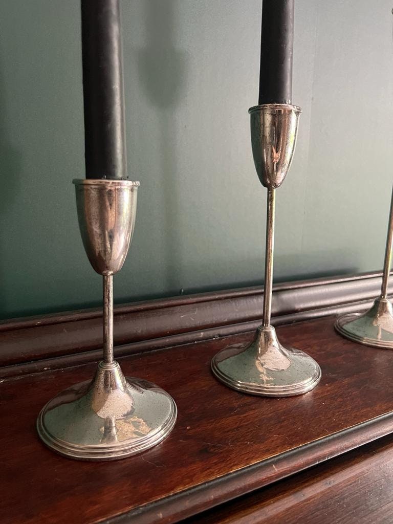 Mid Century Modern Silver Plated Taper Candle Holders Set of 3 Tall Elegant Sleek Vintage Candlesticks Table Decor Hollywood Regency Style