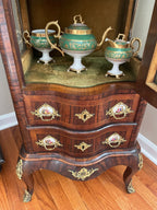 19th Century French Rosewood & Marquetry Louis XV Style Bombe Vitrine Bronze Ormolu Curio Cabinet Hand Painted Porcelain Plaques Home Decor