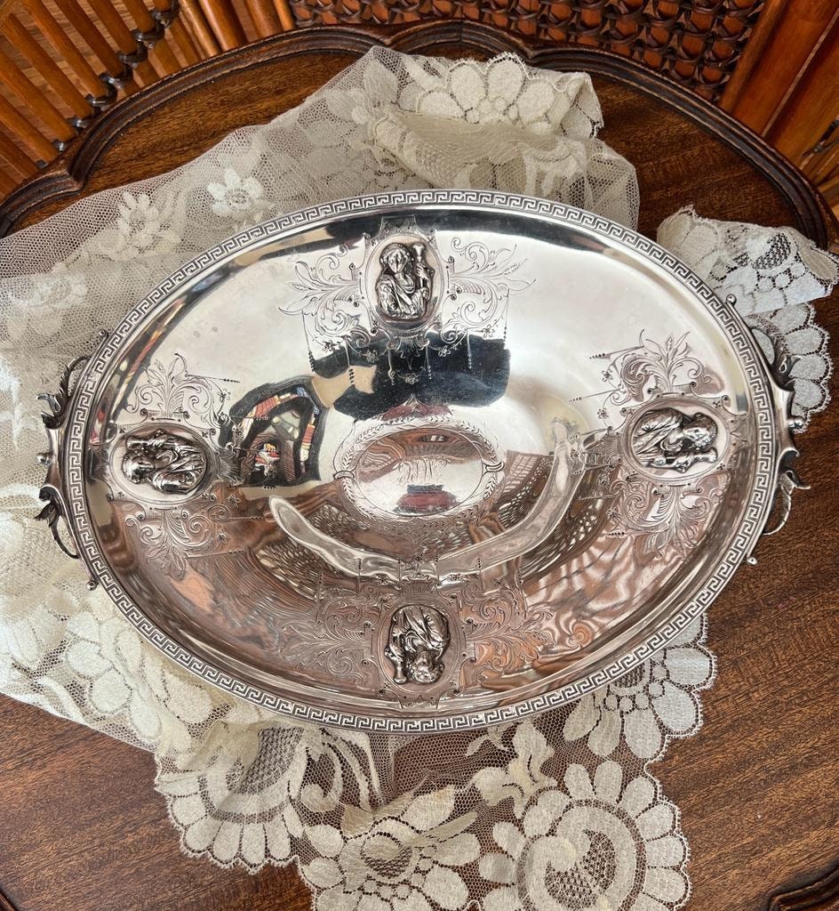 Antique Silverplate Footed Centerpiece Bowl Victorian Embossed Lion Head Decorative Dish Table Display Ornate Classical Revival Style