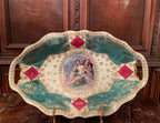 Antique Porcelain Wall Plate Rococo Lovers Scene Gold Trim Turquoise Pink Charger Hand Painted Cherub Romantic Baroque French Style Art