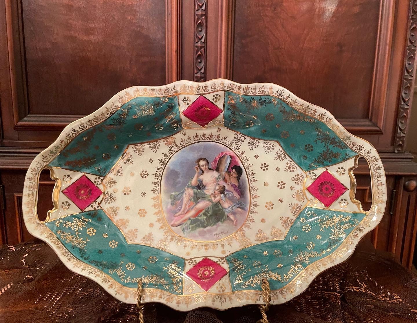 Antique Porcelain Wall Plate Rococo Lovers Scene Gold Trim Turquoise Pink Charger Hand Painted Cherub Romantic Baroque French Style Art