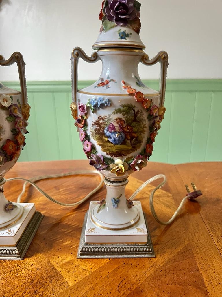 Pair of Vintage Rococo Porcelain Table Lamps Floral Relief Pastoral Scene Hand Painted Gilt Accents Romantic French Style Home Decoration