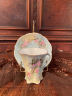 Antique Versailles Demitasse Cup Saucer Set Hand Painted Pink Blossoms Scalloped Edges Pastel Blue Gold Rim Vintage Porcelain Collectible