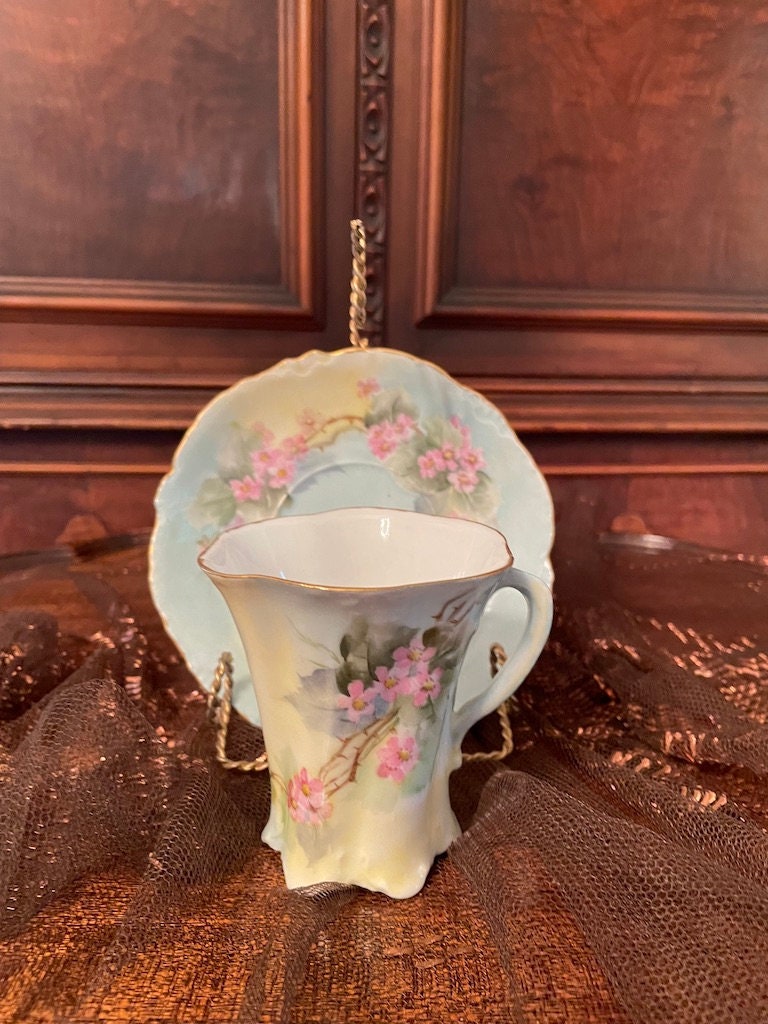 Antique Versailles Demitasse Cup Saucer Set Hand Painted Pink Blossoms Scalloped Edges Pastel Blue Gold Rim Vintage Porcelain Collectible