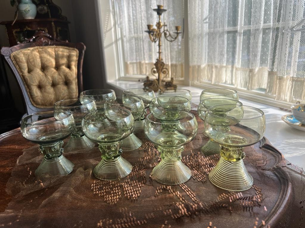 Vintage Hand Blown Green Glass Goblets Textured Stemmed Dessert Cups Set Elegant Tableware Artisanal Glassware Mid Century Dining Decor