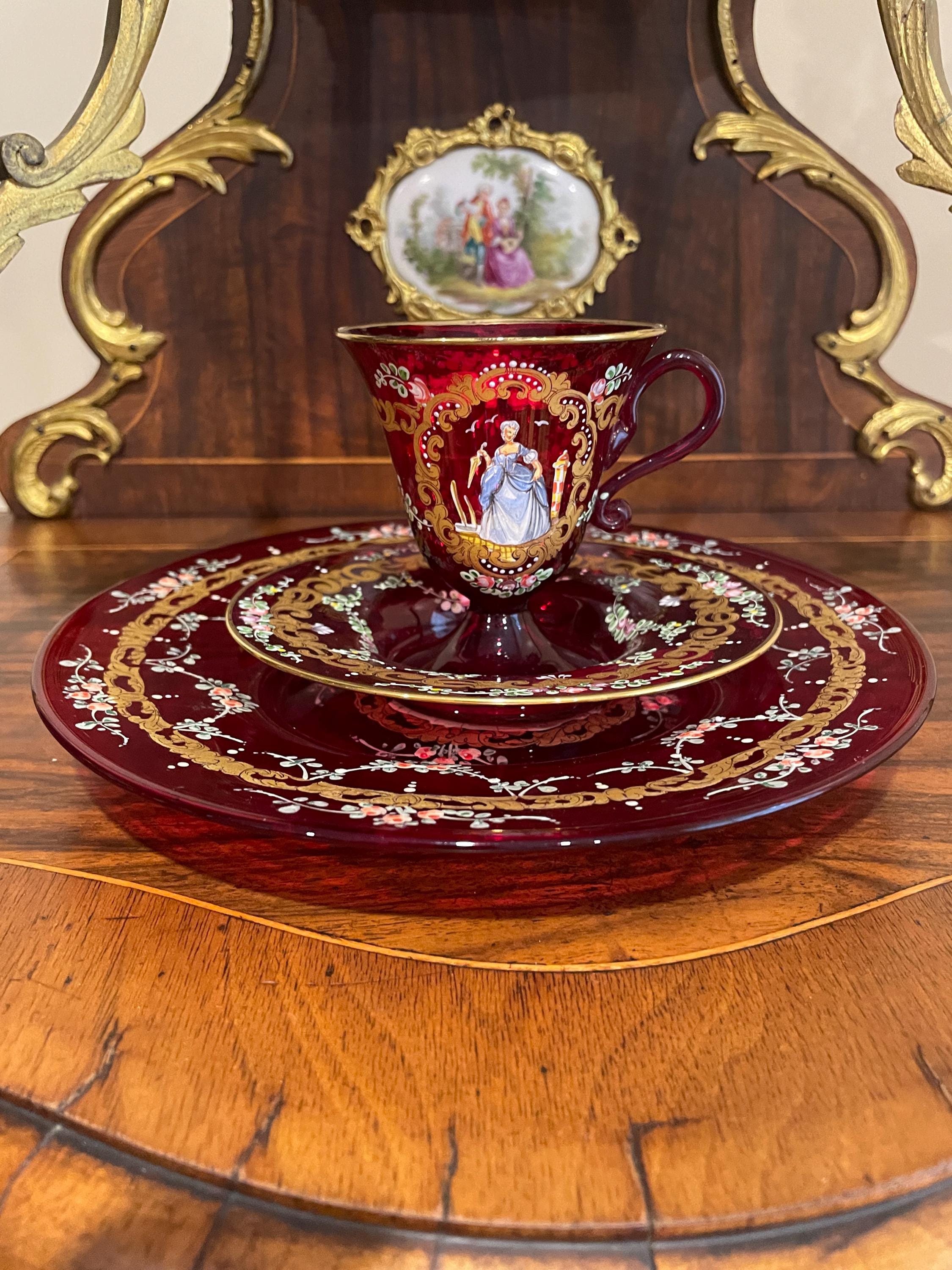 Bohemian Cranberry Glass Demitasse Cup Saucer Plate Set Gold Gilt Hand Painted Portrait Rococo Style Antique Display Tableware Décor