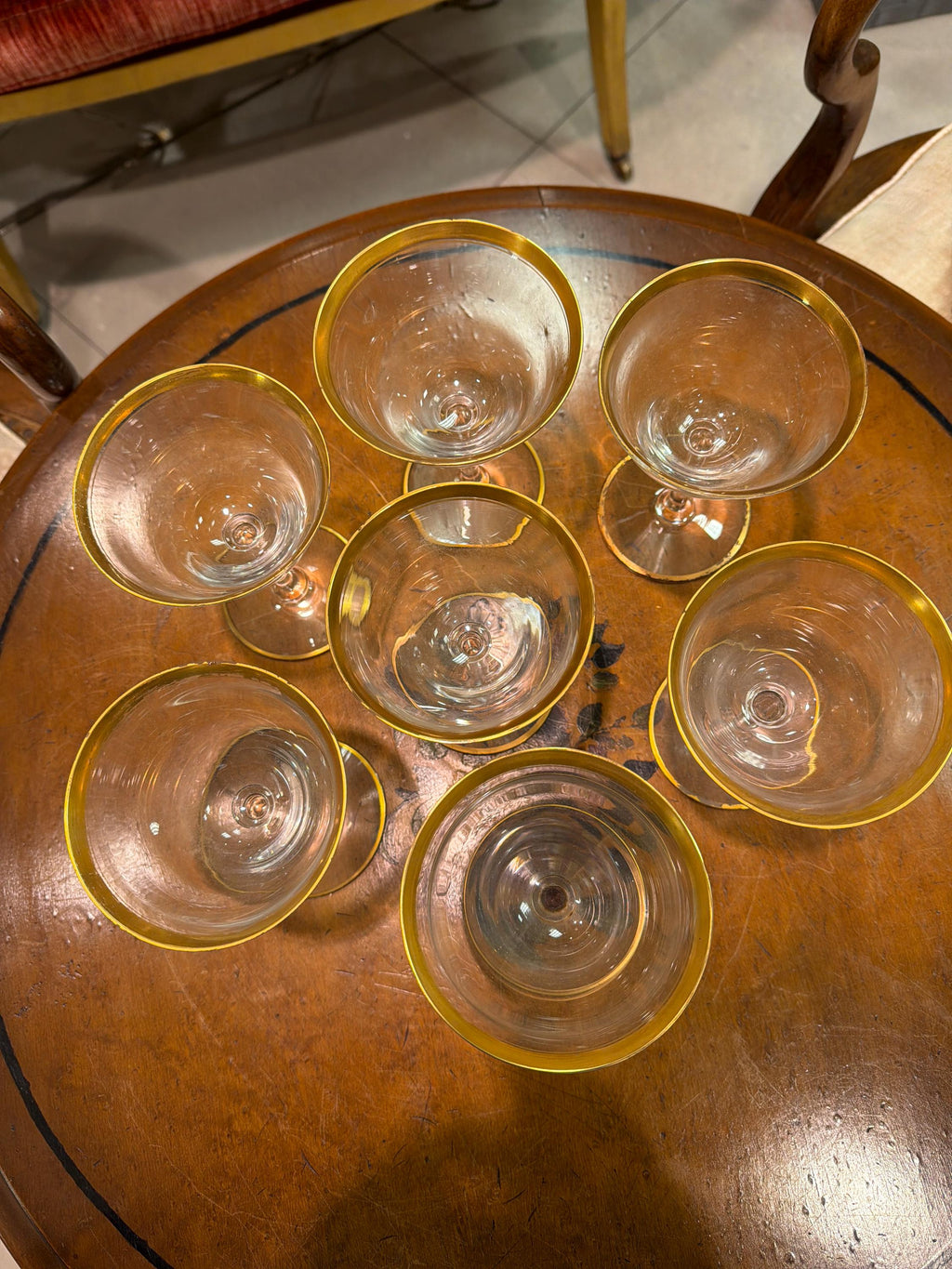 Vintage Gold Rim Coupe Glasses Set of 7 Clear Champagne Cocktail Glasses Elegant Barware
