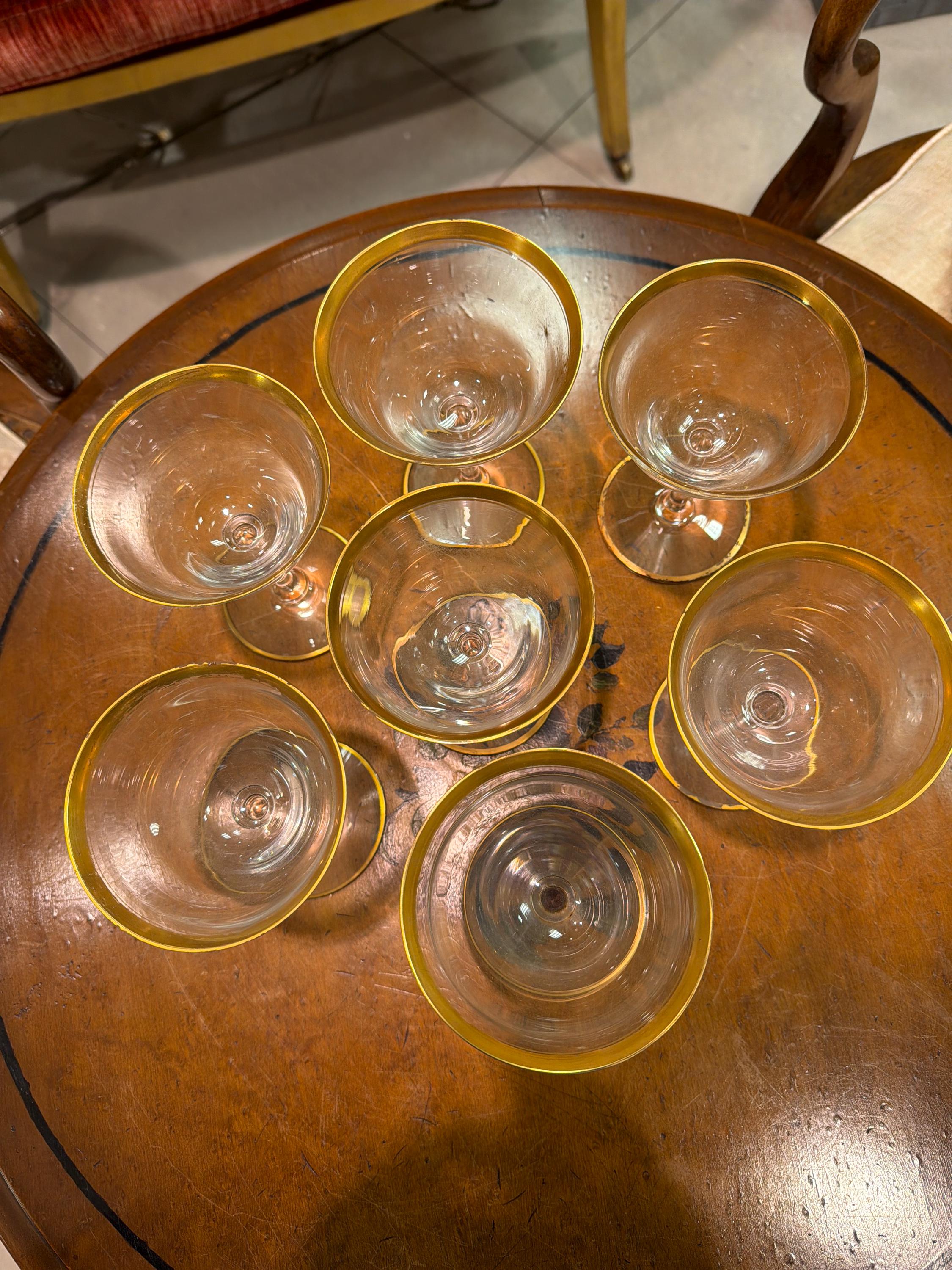 Vintage Gold Rim Coupe Glasses Set of 7 Clear Champagne Cocktail Glasses Elegant Barware