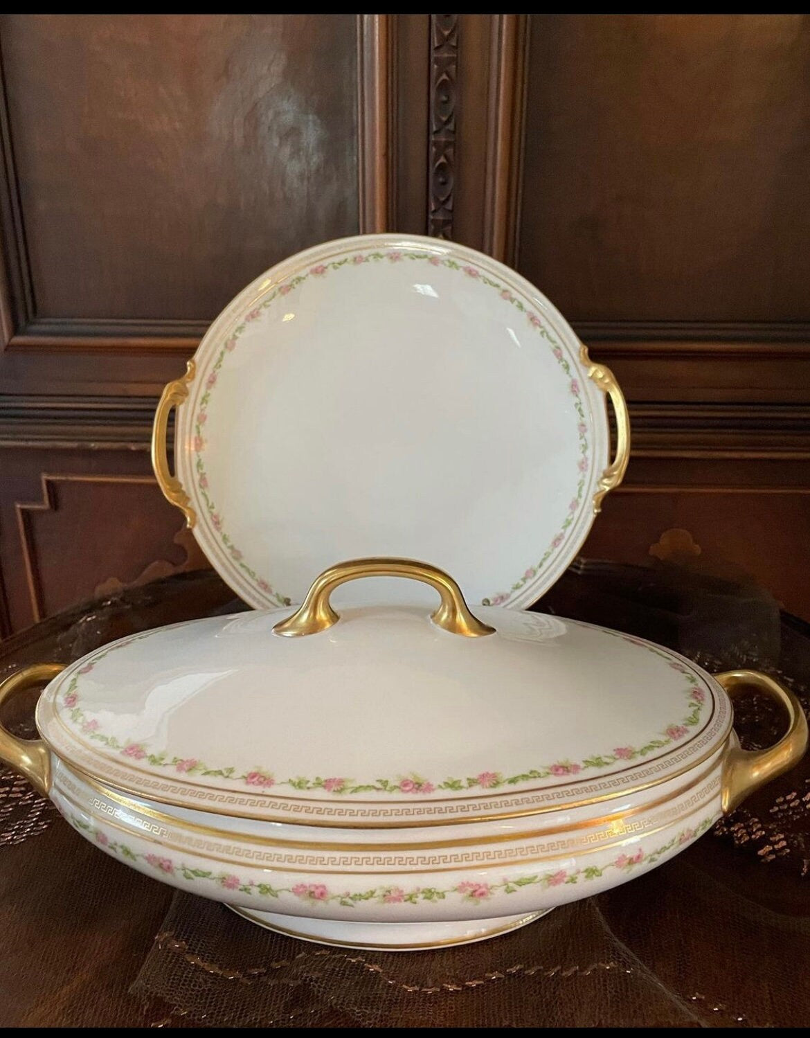 Limoges Old Abbey Porcelain Pink Floral Dinner Set Limoges Dinner Rim Plate Bowl Limoges Serving Dishes Gravy Tray Made in France 62 Pieces