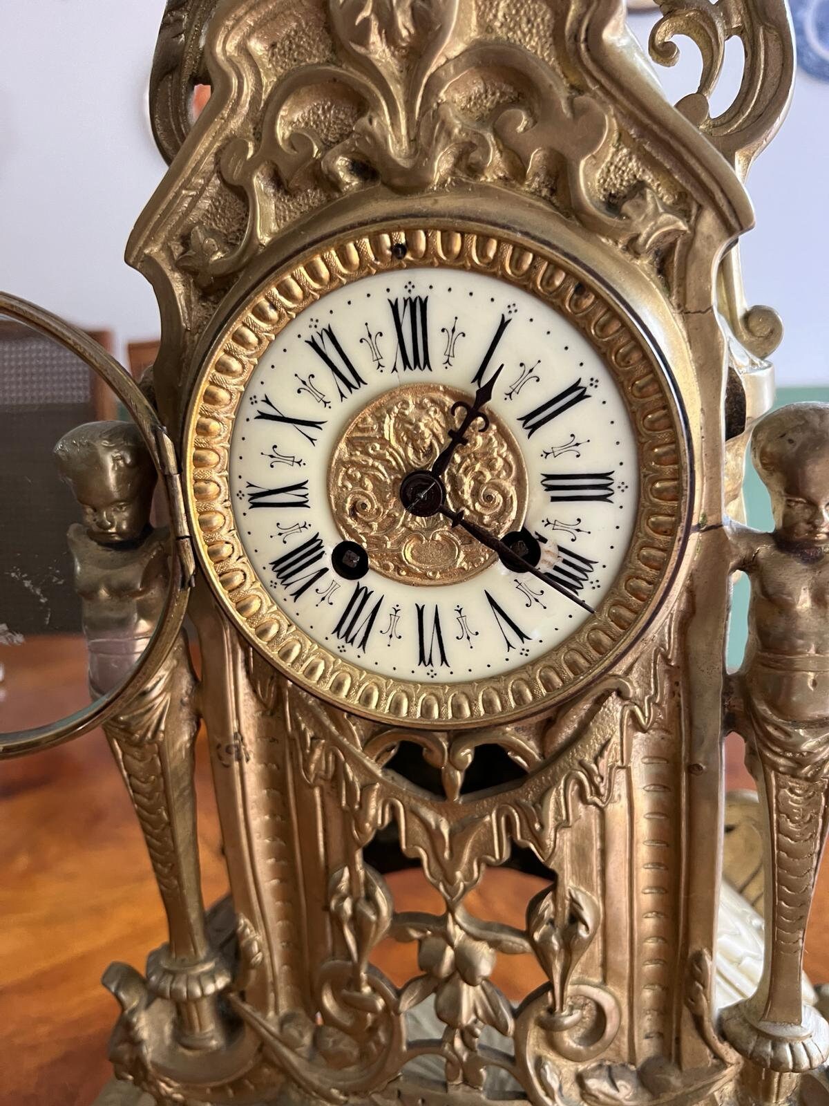 Antique French Brass Mantel Clock Rococo Style Decorative Piece Elegant Design Working Condition Statement Decor Collectible Treasure