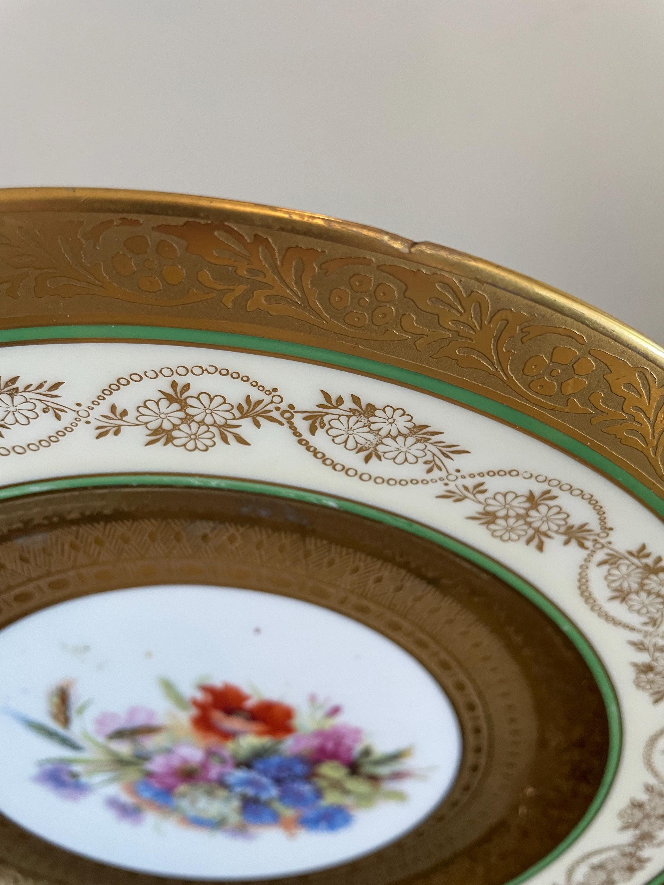 Vintage Bavaria Gold Gilded Floral Porcelain Dinner Plates Set of 9 Hand Painted Green Band Tableware Set Collectible Plates Dinnerware Set