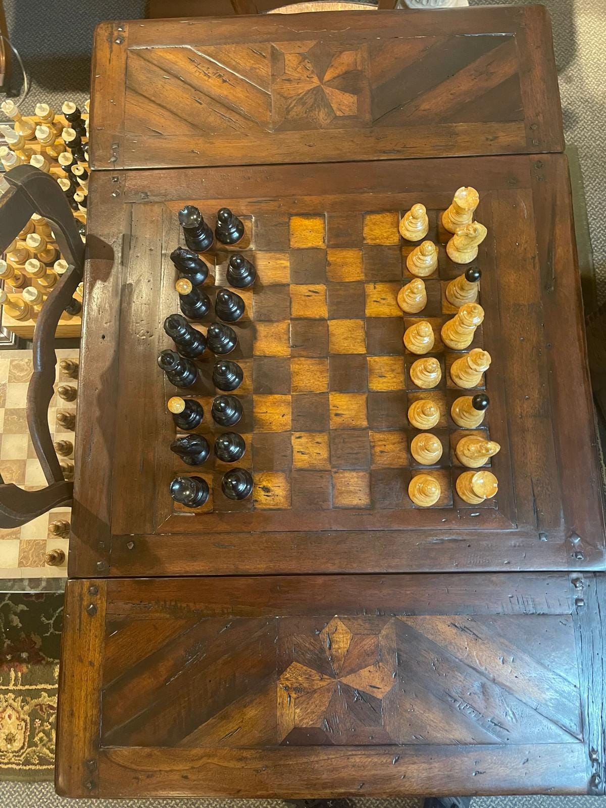 Antique Handcarved Walnut Chess Table Backgammon Game Table by Theodore Alexander Vienna Coffeehouse Style Wood Pieces Luxurious  Furniture