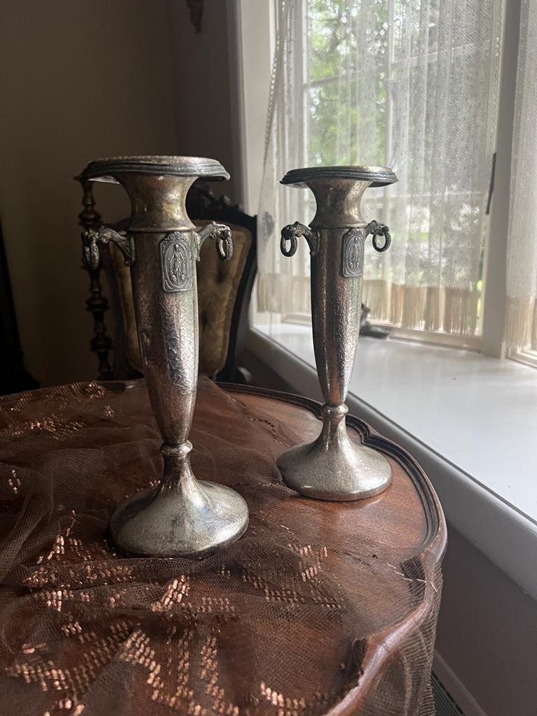 Antique Art Nouveau Silverplate Candlestick Pair Ornate Column Design Lion Head Handles Decorative Candle Holder Home Decor Display Accent
