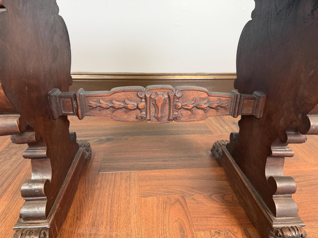 Antique Carved Wood Pedestal Table, Black Marble Top, Victorian Accent Piece