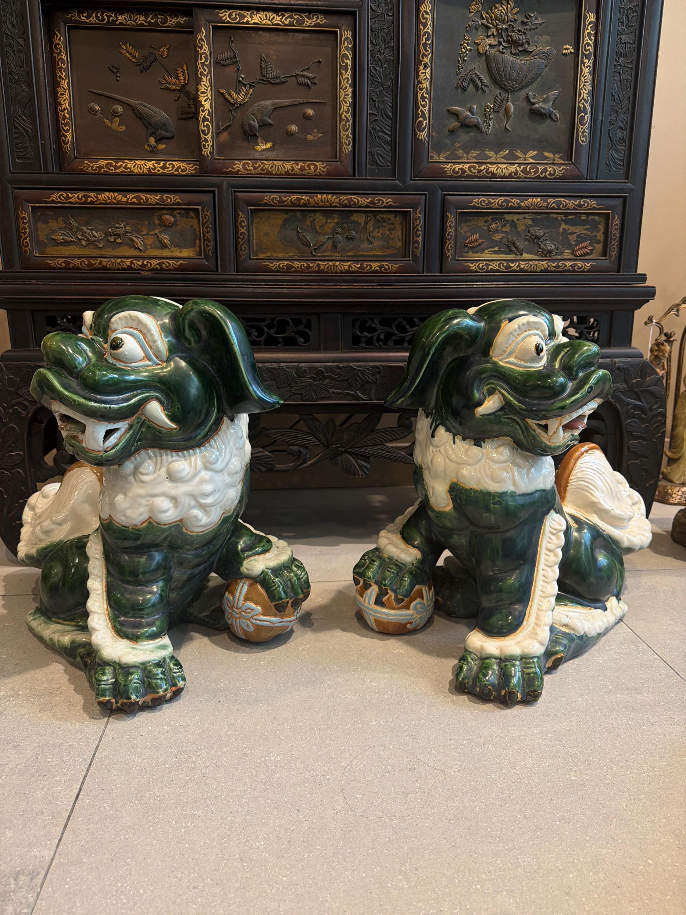 Vintage Green Glazed Foo Dog Pair, 16" Chinese Guardian Lions, Hollywood Regency Chinoiserie Statues