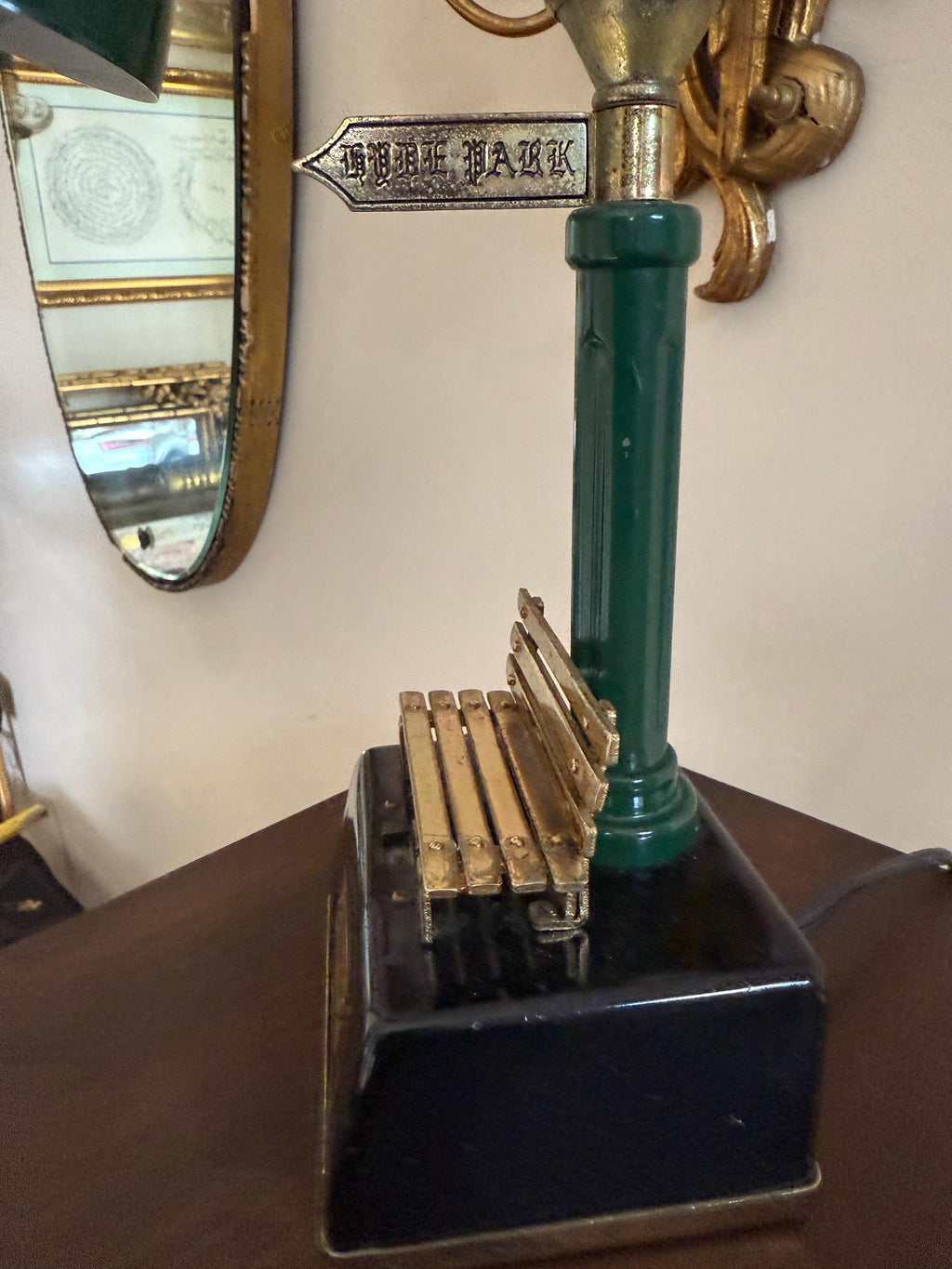 Vintage Park Lamp Post Desk Lamp with Miniature Bench and Sign | Retro Industrial Table Light | Collectible Novelty Lighting Green Gold