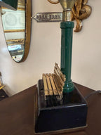 Vintage Park Lamp Post Desk Lamp with Miniature Bench and Sign | Retro Industrial Table Light | Collectible Novelty Lighting Green Gold