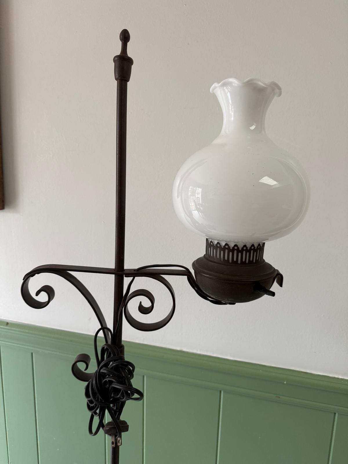 Antique Wrought Iron Floor Lamp White Milk Glass Shade Ornate Scroll Base Vintage Lighting Collectible Adjustable Lamp Victorian Style