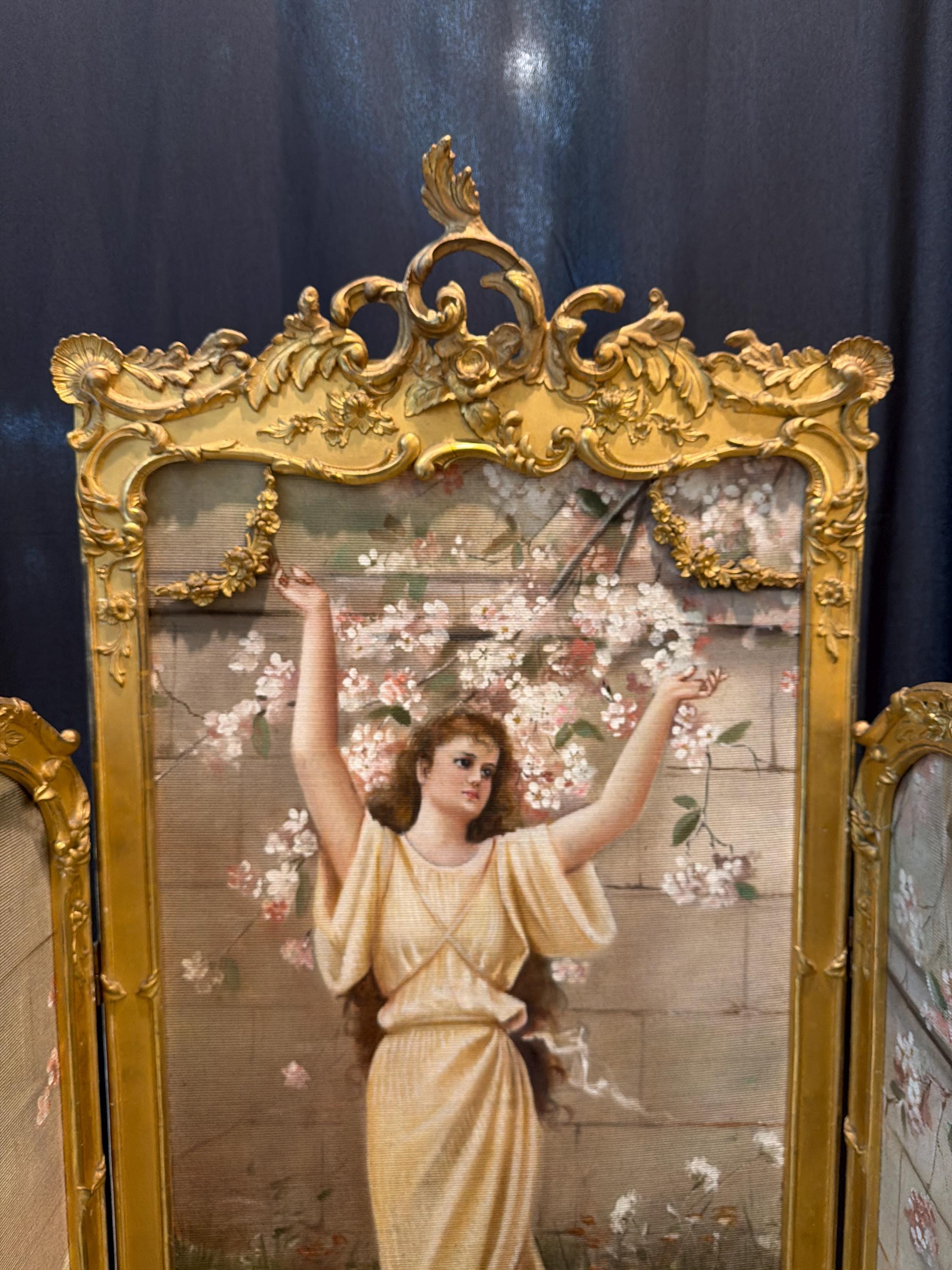 Antique French Rococo Folding Screen: Hand-Painted Silk Panels, Gilt Wood Louis XV Style
