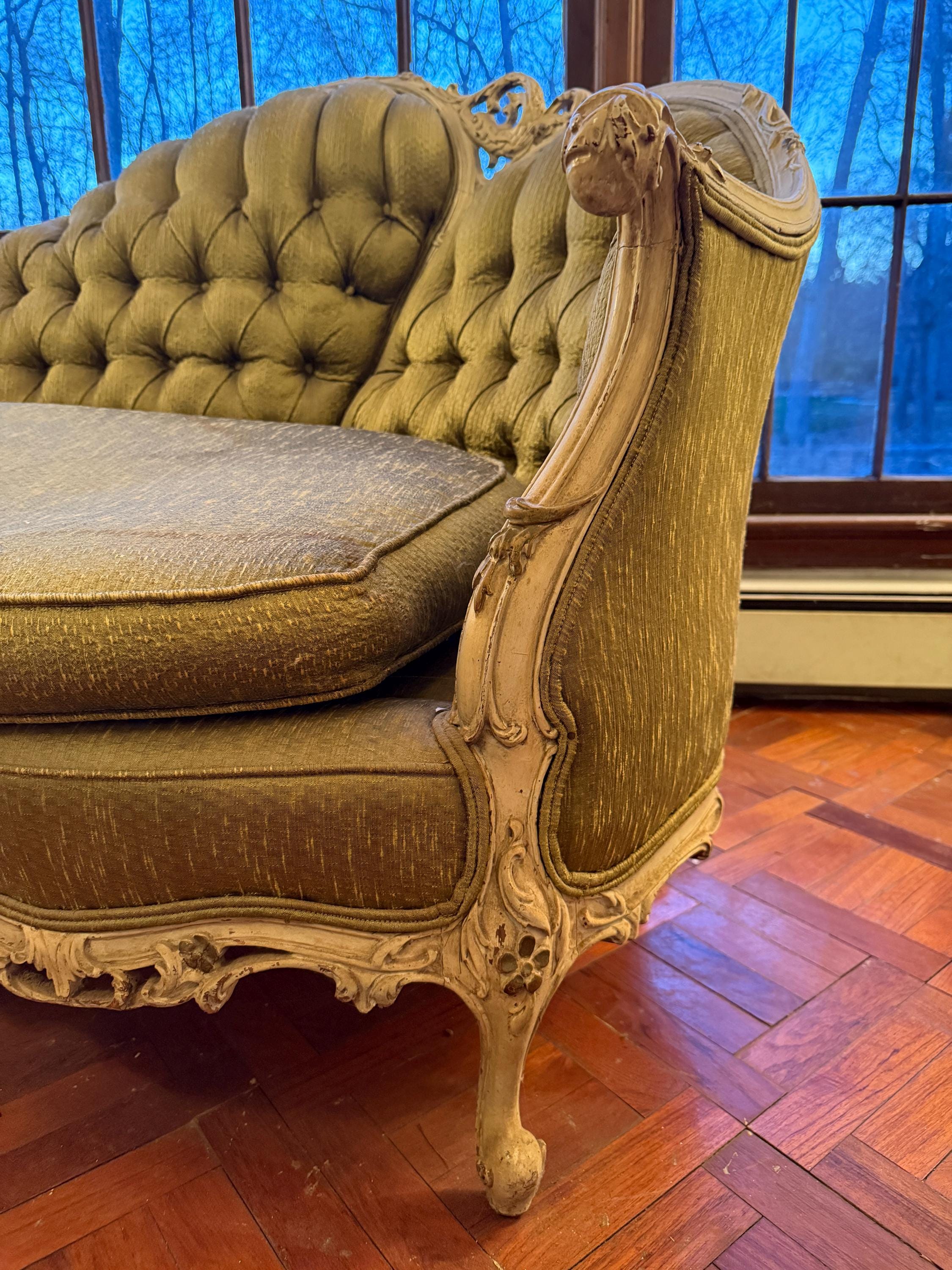 Antique French Louis XV Style Tufted Canapé  Antique French Sofa Ornate Carved Frame Reupholstery Louis XV Style Circa 1900s Luxurious Sofa