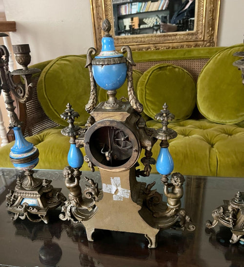 Antique French Sevres Style Clock Set Bronze Blue Porcelain Candelabra Mantel Decor Elegant Rococo Design Home Accent Collectible Piece