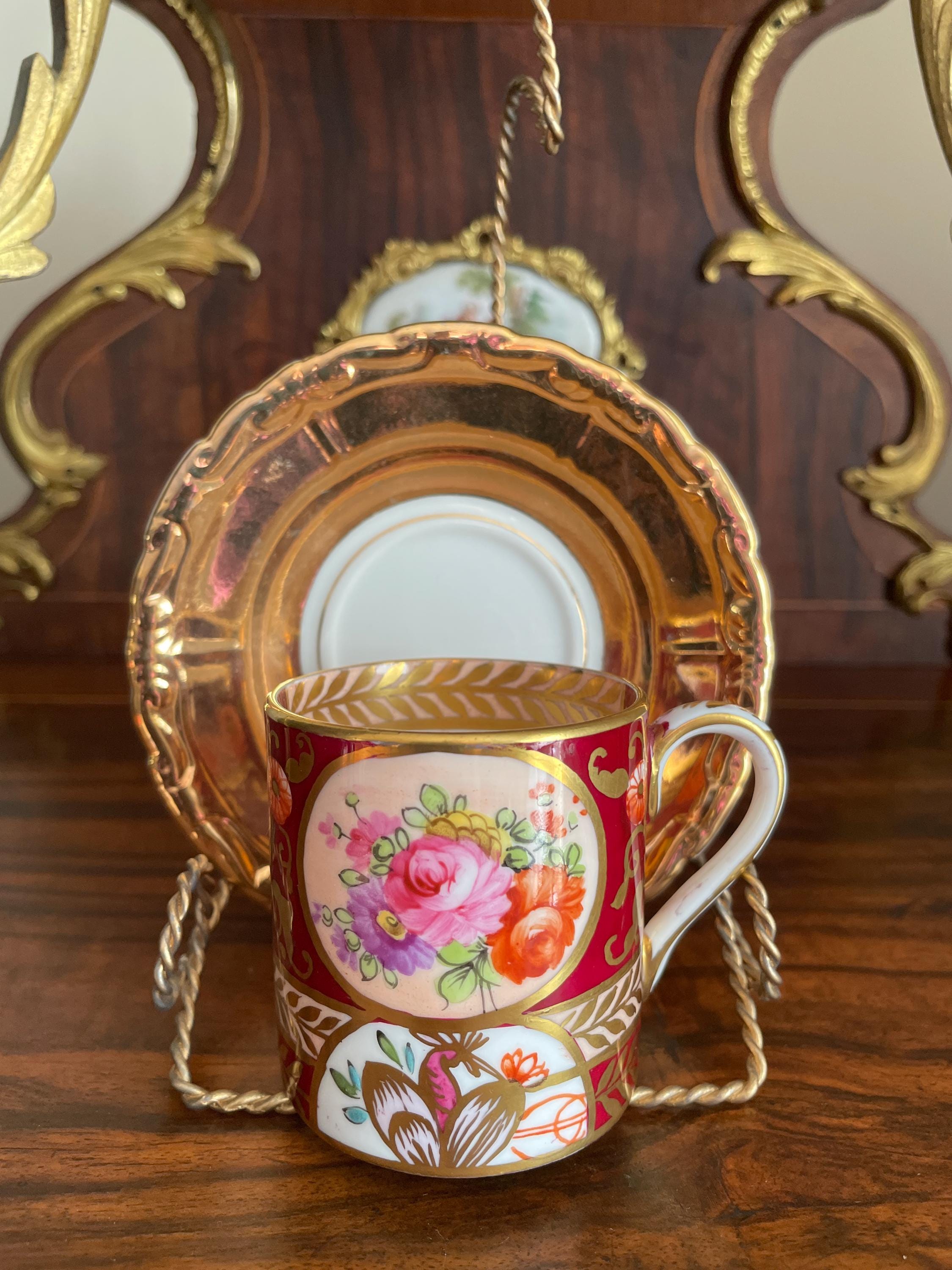 Vintage Floral Porcelain Teacup Set Gold Trim Red Hand Painted Saucer English Style Display Elegant Romantic Roses Regal Collectible Decor